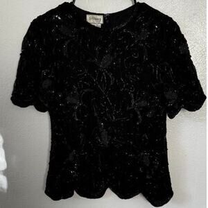 Vintage 80s Stenay Womens Black All Over Beaded Sequin Blouse Size S 100% Silk